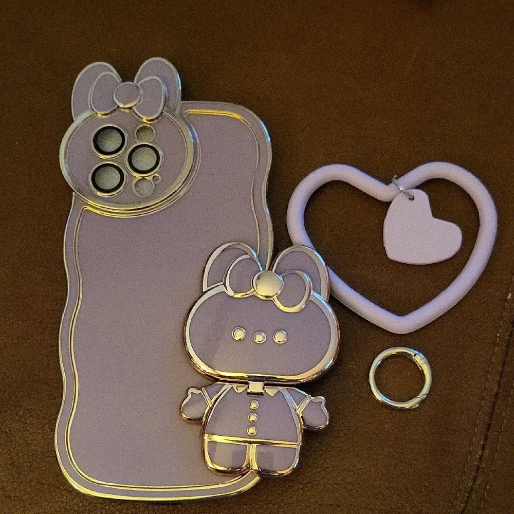 iPhone 12 Case with Cute Kitty Bunny Stand Heart & Mirror Lilac & GOLD